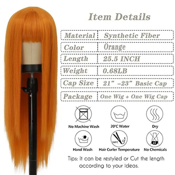 Orange Wig-Long Straight Hair Wig with Bangs - Picture 4 of 8